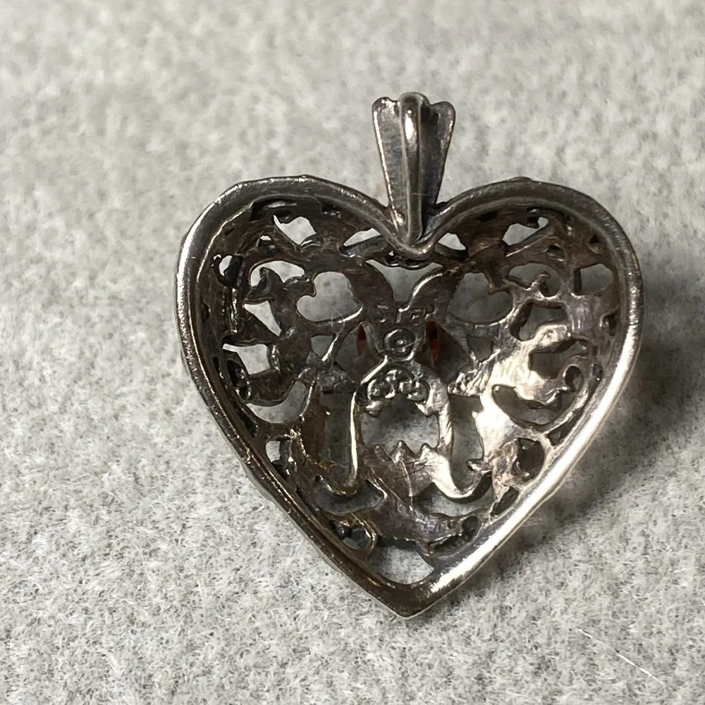 Vintage Sterling Silver & Red Garnet Filigree Heart Pendant Goth Victorian Witch